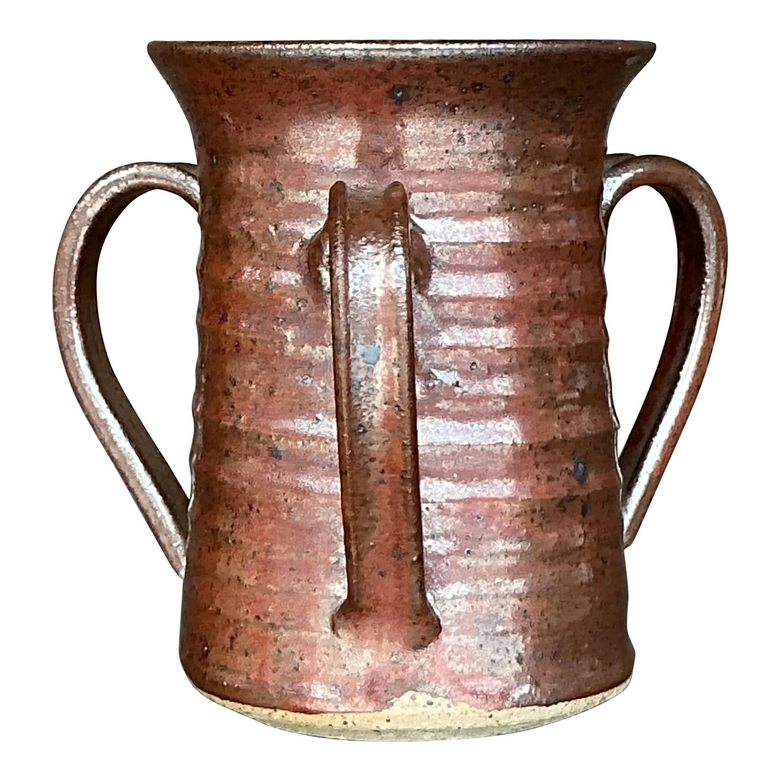 Unique Vintage Boho Three-Handle Pottery Vase with Earthy Glaze (1 of 10)