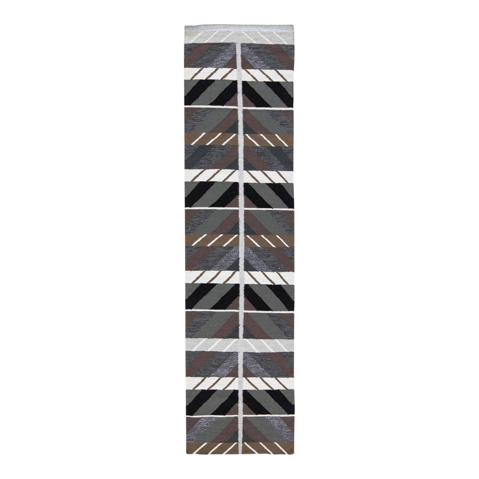 Modern Swedish Gray Geometric Wool Runner 3'1" x 12'4" Handmade: Modern Swedish Gray Geometric Wool Runner 3'1" x 12'4" Handmade Enhance your space with this stunning modern Swedish-style wool runner, featuring a sophisticated gray field complemented by brown and w