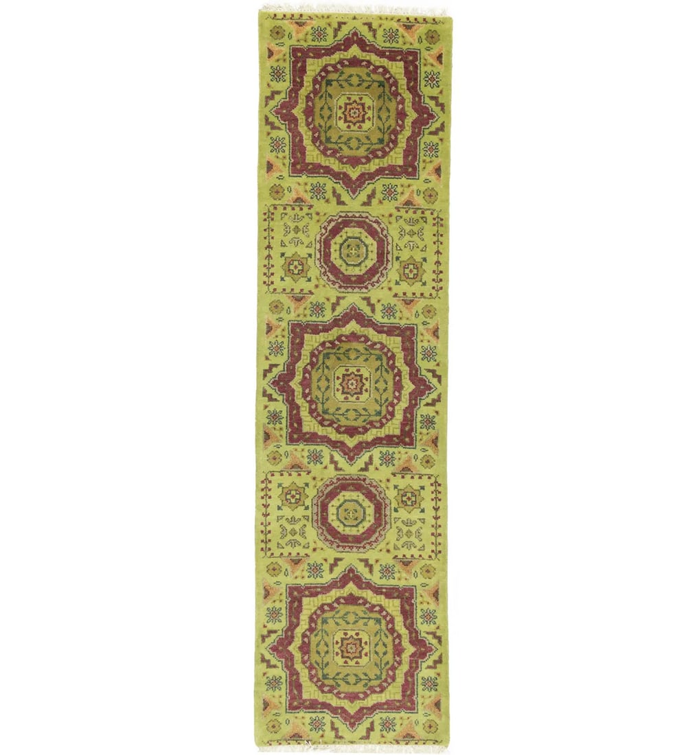Hand Knotted Wool Heriz Serapi Runner Rug 2'7 x 9'8: Hand Knotted Wool Heriz Serapi Runner Rug 2'7 x 9'8 This Heriz Serapi Oriental runner rug is a hand-knotted wool piece featuring a modern floral pattern in light lime green, maroon red, gold, green, b