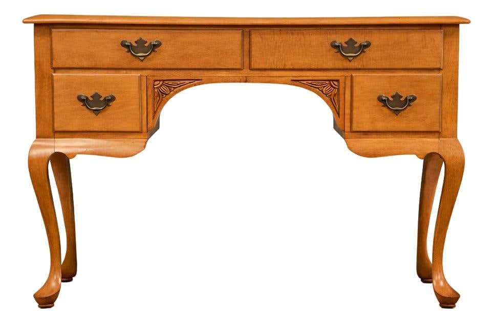 Maple Four Drawer Lowboy Vanity with Brass Batwing Pulls: Maple Four Drawer Lowboy Vanity with Brass Batwing Pulls This 1960s lowboy dresser or vanity is crafted from solid maple and features four dovetail drawers, offering both durability and ample storage.
