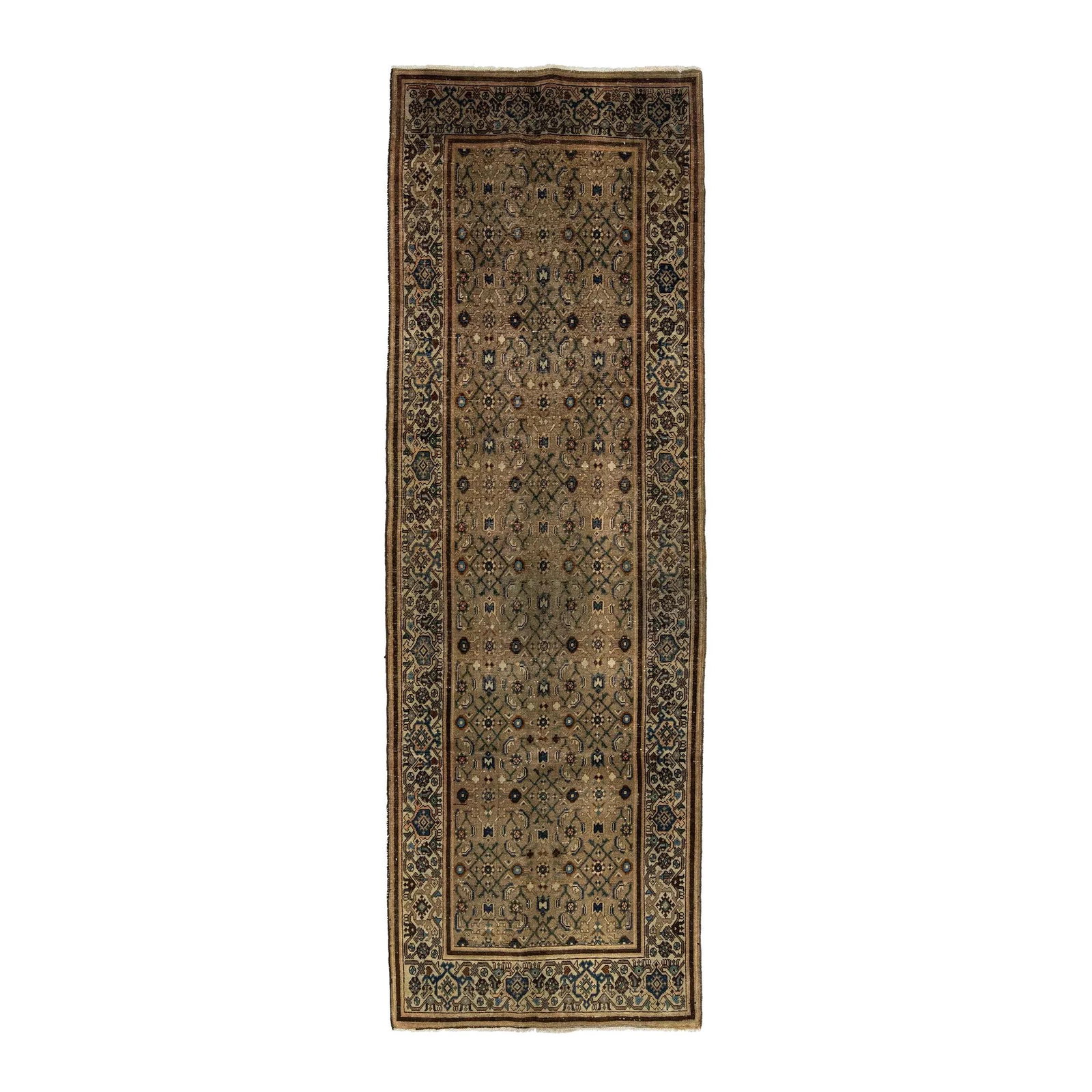 Vintage Hamadana Hand-Knotted 3'5 x 10'3 Wool Rug with Colorful Accents: Vintage Hamadana Hand-Knotted 3'5 x 10'3 Wool Rug with Colorful Accents Enhance your space with this stunning Vintage Hamadan Hand-knotted rug, showcasing a soft brown field adorned with vibrant blue 