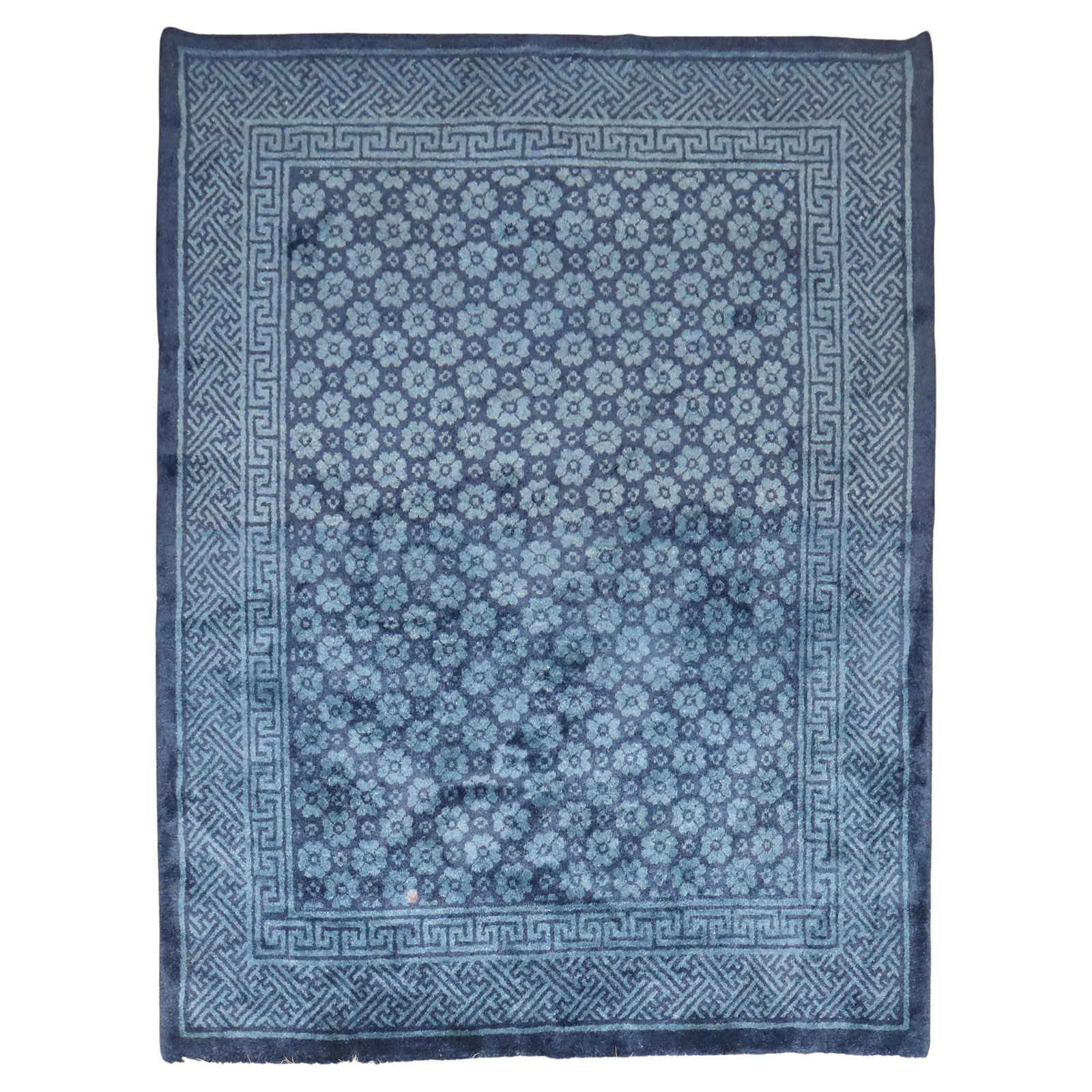 Mid-Century Modern Blue Tibetan Hand-Woven Wool Rug 64 x 87: Mid-Century Modern Blue Tibetan Hand-Woven Wool Rug 64 x 87 Enhance your living space with this stunning Blue Tibetan Plush Pile Accent Rug, a perfect addition for Mid-Century Modern decor. Hand-woven