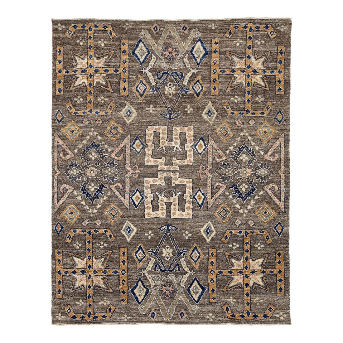 Hand-knotted wool Tulu style rug with geometric tribal motifs 7'9" x 9'9": Hand-knotted wool Tulu style rug with geometric tribal motifs 7'9" x 9'9" This modern Tulu-style area rug is hand-knotted from high-quality, textured wool and showcases a geometric tribal motif. The r