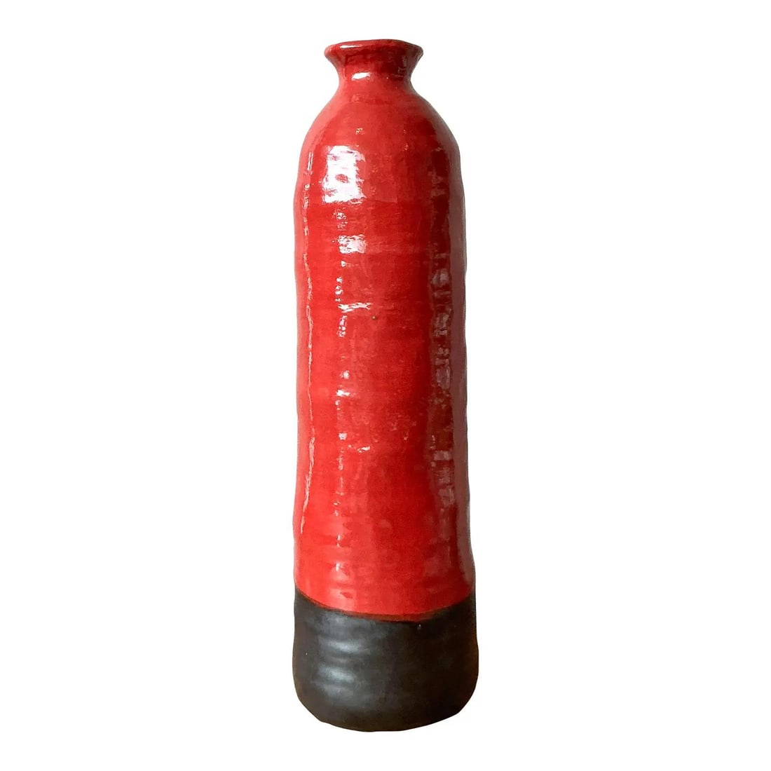 Cherry Red Studio Pottery Vase with Sculptural Textured Surface 19.5" Tall: Cherry Red Studio Pottery Vase with Sculptural Textured Surface 19.5" Tall This vintage studio pottery vase showcases a bold cherry red glaze with coral undertones and features a slender, bottle-like 