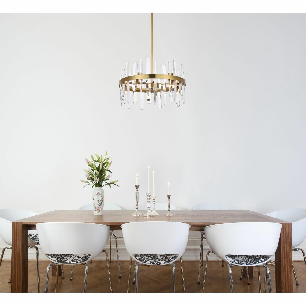 Serena 10-Light Satin Gold Crystal Pendant Chandelier 20 Inch: Serena 10-Light Satin Gold Crystal Pendant Chandelier 20 Inch This modern chandelier features a sophisticated satin gold finish with high-quality royal cut clear crystals, creating an elegant centerpi