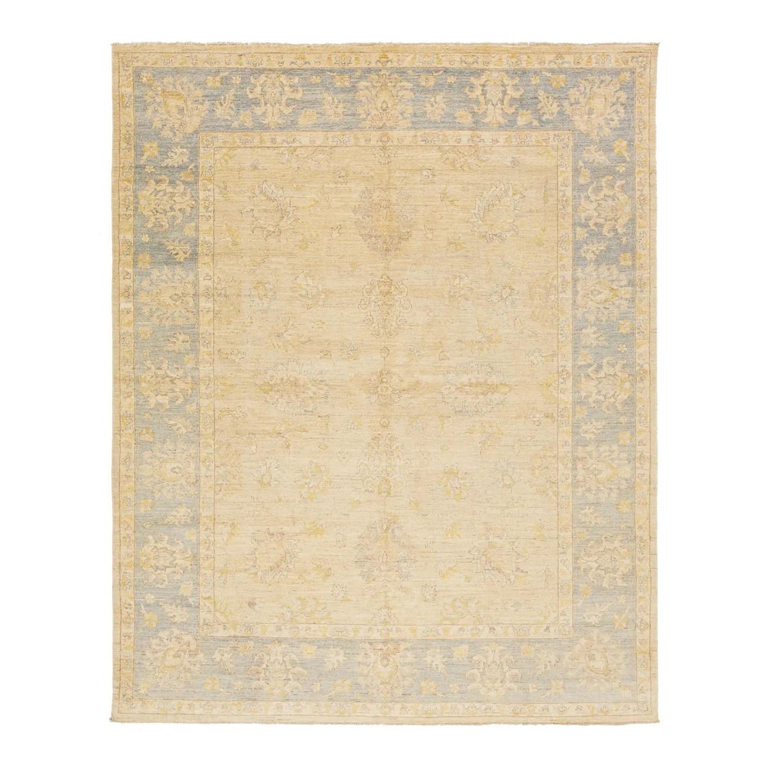 Beige Khotan Handmade Wool Rug 8' x 9'10' Floral Design: Beige Khotan Handmade Wool Rug 8' x 9'10' Floral Design Elevate your space with this modern Khotan handmade wool rug, showcasing a stunning all-over floral design adorned with blue accents against a s