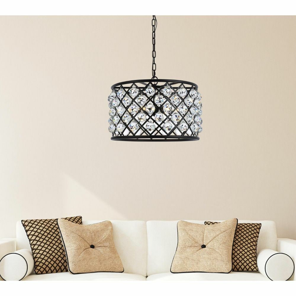 Madison 6 Light Crystal Ball Chandelier Matte Black 20 in: Madison 6 Light Crystal Ball Chandelier Matte Black 20 in This modern 6-light chandelier features a matte black finish with clear faceted royal cut crystal balls and a crystal and iron construction. I