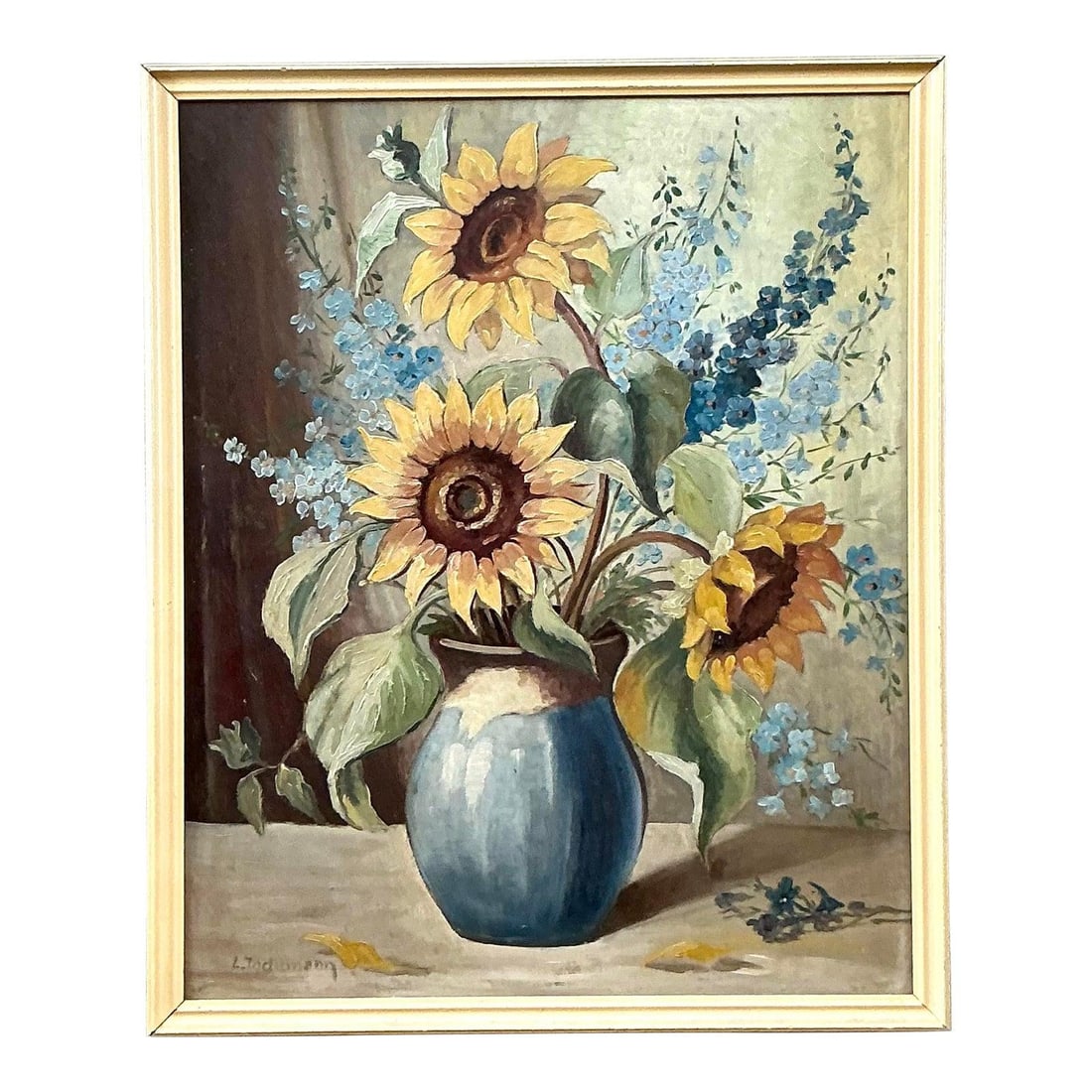 Vintage Boho Still Life Oil Painting with Sunflowers and Delphiniums: Vintage Boho Still Life Oil Painting with Sunflowers and Delphiniums Enhance your living space with the Vintage Boho Original Still Life Oil on Board, a captivating artwork that beautifully captures t