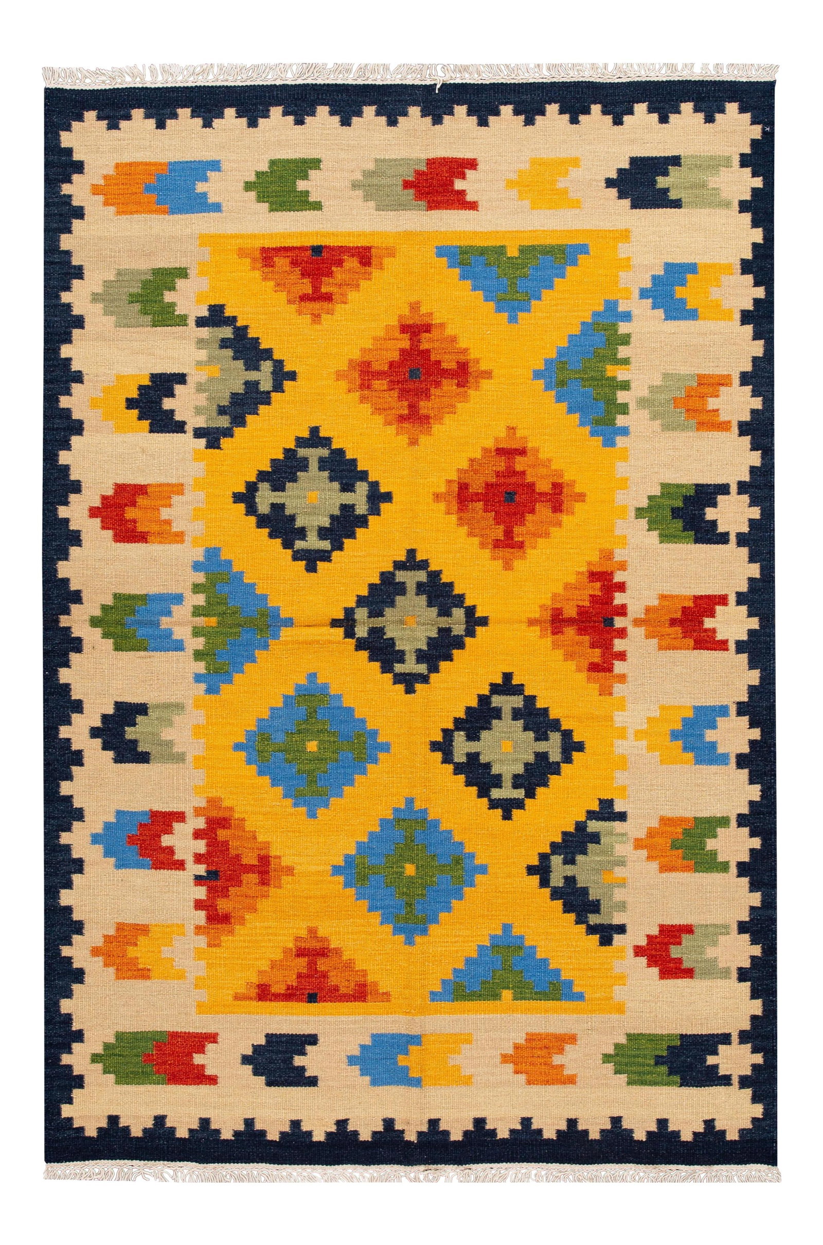 Modern Hand-Woven Kilim Rug Yellow Ivory Geometric 5'6 x 8'2 Wool: Modern Hand-Woven Kilim Rug Yellow Ivory Geometric 5'6 x 8'2 Wool Enhance your space with this stunning hand-woven modern Kilim rug, featuring a vibrant yellow field complemented by an elegant ivory f