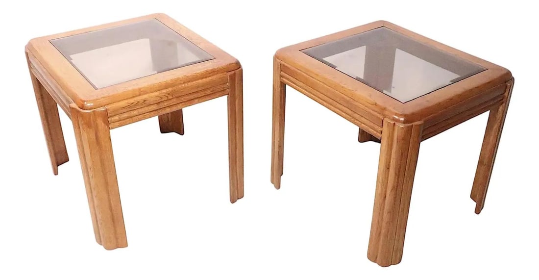 Pair of Postmodern Oak Glass Side Tables Circa 1980s 1990s: Pair of Postmodern Oak Glass Side Tables Circa 1980s 1990s This pair of postmodern side or end tables features oak frames with original tinted glass tops. Dating from circa 1980s to 1990s, both tables