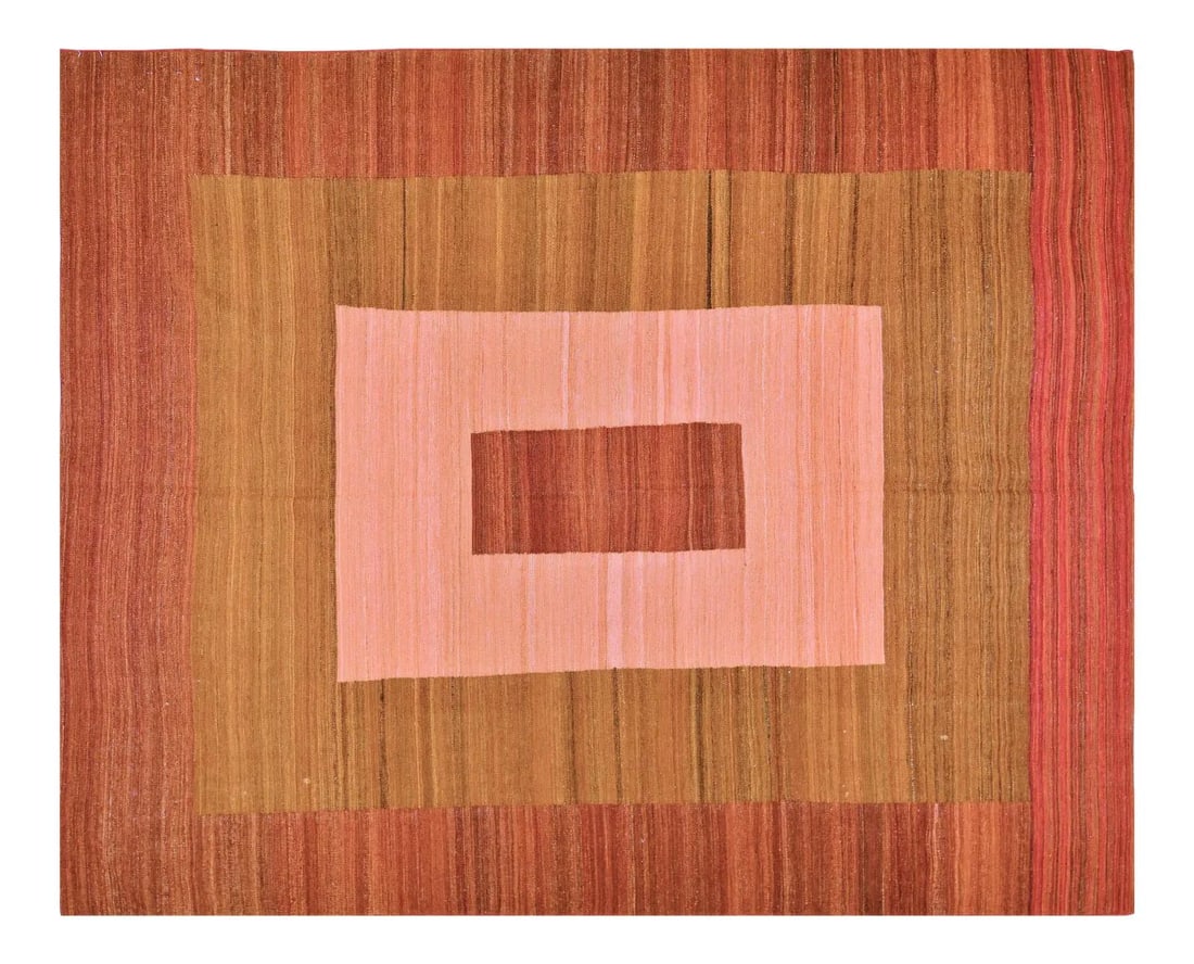 Mazandaran Wool Kilim Rug with Geometric Design 7'8" x 9'5": Mazandaran Wool Kilim Rug with Geometric Design 7'8" x 9'5" This vintage Mazandaran kilim is hand woven using natural colors and features a geometric pattern. Crafted from wool, it displays a camel co