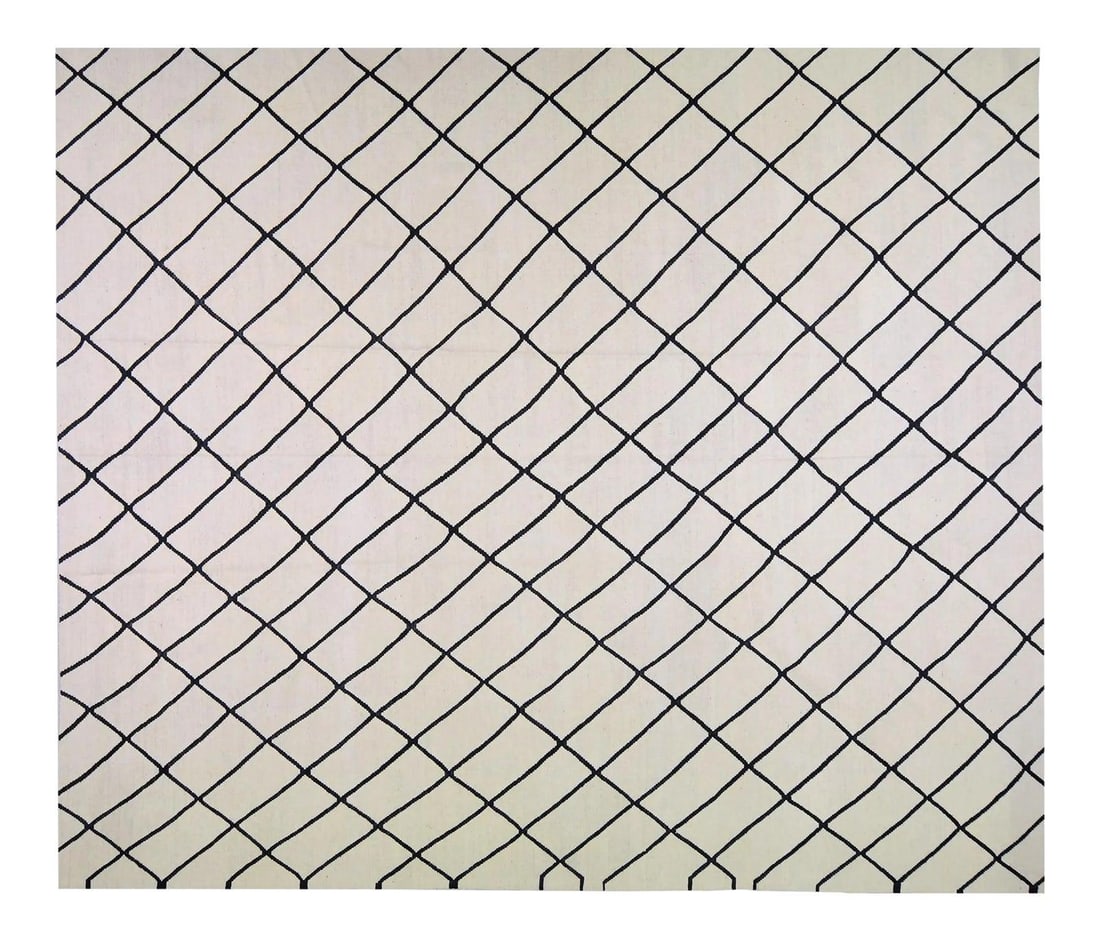 Moroccan Kilim Wool Rug in Natural White Hand Woven 9'7" x 11'3": Moroccan Kilim Wool Rug in Natural White Hand Woven 9'7" x 11'3" This vintage Moroccan kilim is hand woven from organic wool and features natural colors with a fine weave. The rug showcases a white co
