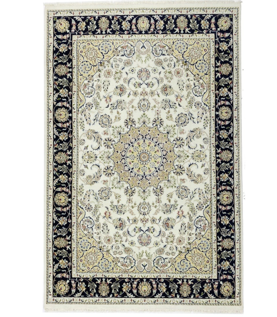 6x9 Wool Silk Floral Medallion Rug Hand-Knotted Indo-Nain Design: 6x9 Wool Silk Floral Medallion Rug Hand-Knotted Indo-Nain Design This hand-knotted Indo-Nain rug features a floral medallion design in a traditional oriental style. Crafted from wool and silk, it show