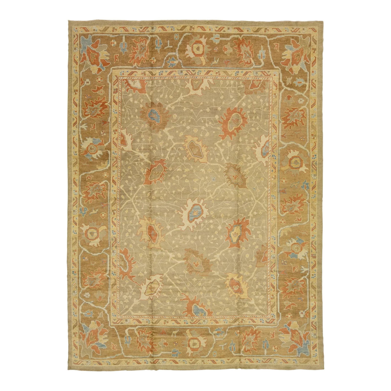 Oversize Modern Oushak Floral Wool Rug Tan 11'4 x 15'5: Oversize Modern Oushak Floral Wool Rug Tan 11'4 x 15'5 Transform your living space with this stunning Oversize Modern Oushak Wool Rug featuring an exquisite floral motif. Hand-knotted with meticulous 
