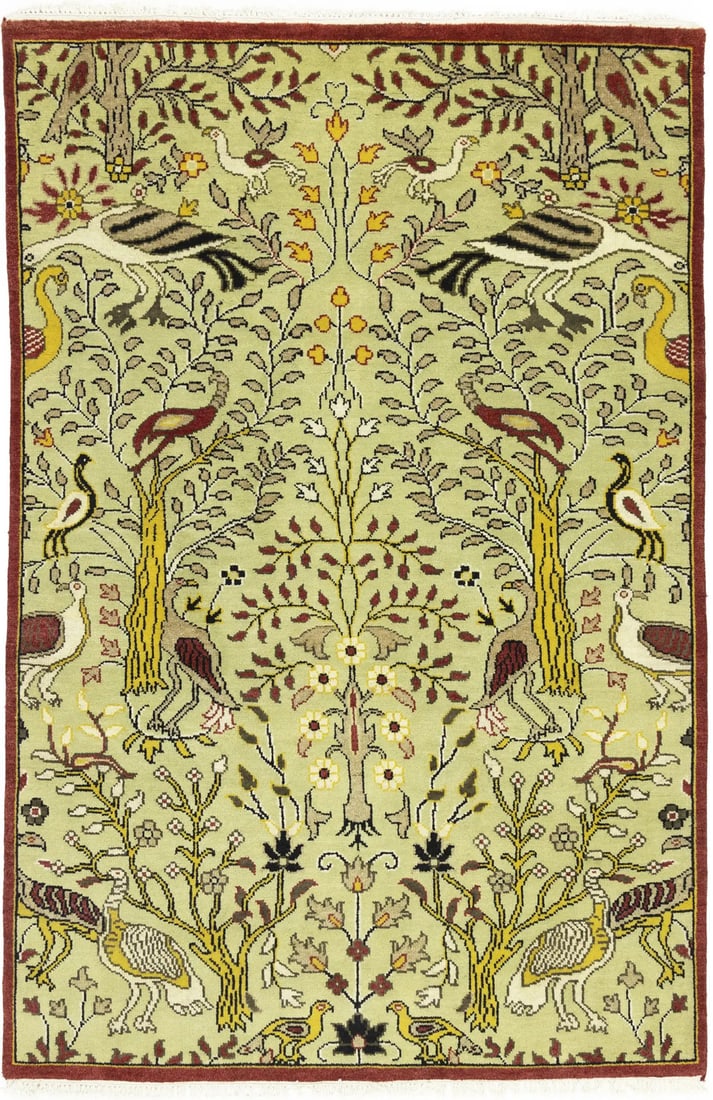 5'10 x 8'11 Wool Hand-Knotted Pictorial Area Rug Modern Chobi Design: 5'10 x 8'11 Wool Hand-Knotted Pictorial Area Rug Modern Chobi Design This hand-knotted Chobi Oriental rug features a unique pictorial pattern in shades of greenish beige, maroon red, yellow, black, an