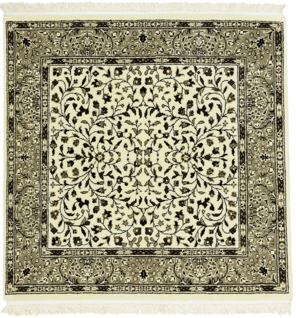 3'4 x 3'4 Wool Floral Square Rug Hand-Knotted Modern Cream Beige Design: 3'4 x 3'4 Wool Floral Square Rug Hand-Knotted Modern Cream Beige Design This handmade Kirman Oriental square rug features a floral design in cream, beige, brown, and black tones. Crafted from wool and
