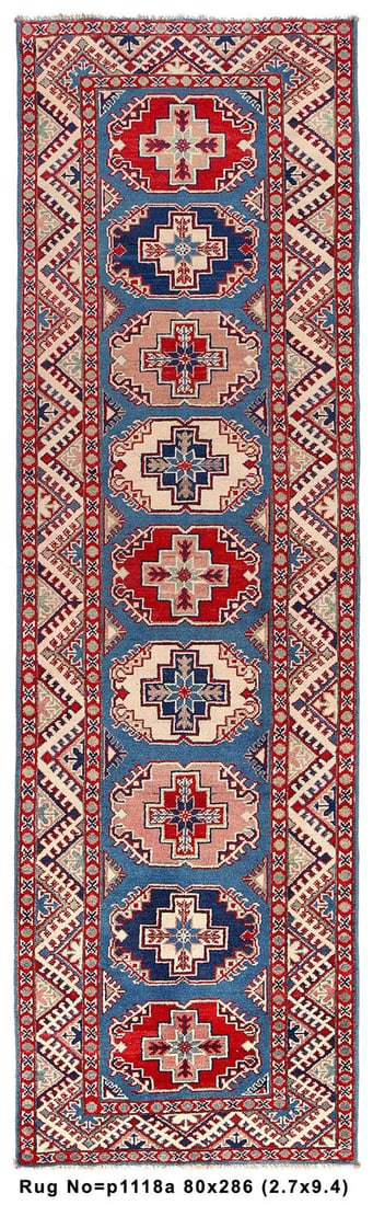 Genuine Kazak Handmade Wool Rug 2.7 x 9.5 ft Light Blue Pakistan: Genuine Kazak Handmade Wool Rug 2.7 x 9.5 ft Light Blue Pakistan Free continental US Shipping Enhance your living space with this exquisite 2.7 x 9.5 wool genuine Kazak handmade rug from Pakistan. Fea