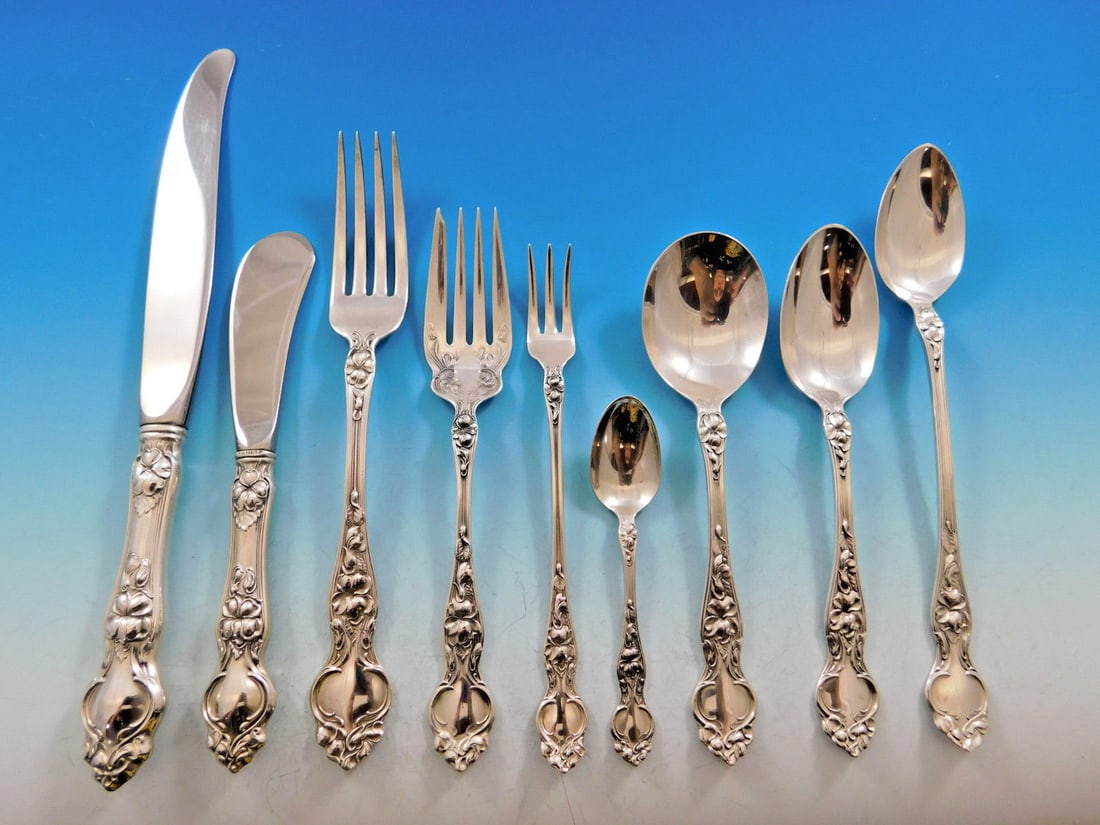Wallace Violet Sterling Silver Flatware Set for 8 - 77 Pieces Art Nouveau: Wallace Violet Sterling Silver Flatware Set for 8 - 77 Pieces Art Nouveau Experience the elegance of the Violet pattern by Wallace with this exquisite sterling silver flatware service for 8, consistin