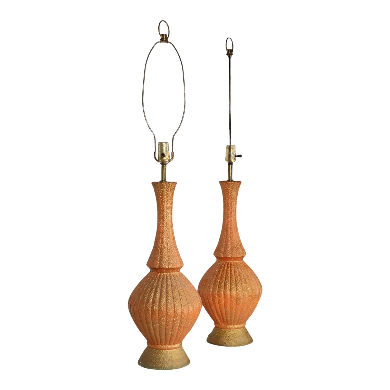 Mid Century Textured Ceramic Table Lamps Orange Gold Pair 1950s: Mid Century Textured Ceramic Table Lamps Orange Gold Pair 1950s This elegant pair of Mid Century table lamps showcases a unique textured ceramic design, featuring a vibrant orange ground embellished w