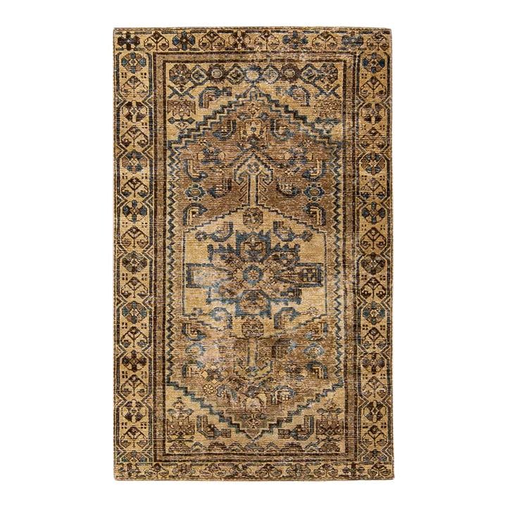 1960s Vintage Persian Handmade Wool Rug Geometric Design 3'9 x 6'1: 1960s Vintage Persian Handmade Wool Rug Geometric Design 3'9 x 6'1 This stunning vintage Persian rug showcases a distressed hand-knotted design, featuring a rich brown color field complemented by a be