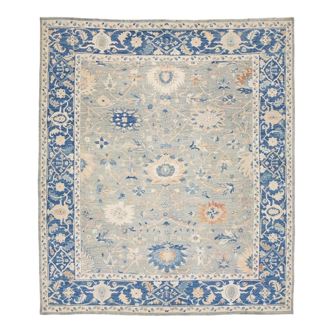 12'6 x 14'5 Hand-Knotted Wool Rug with Oushak Inspired Floral Design: 12'6 x 14'5 Hand-Knotted Wool Rug with Oushak Inspired Floral Design This Modern Oushak style rug features a contemporary take on traditional Turkish design, with an airy slate-grey field highlighted 