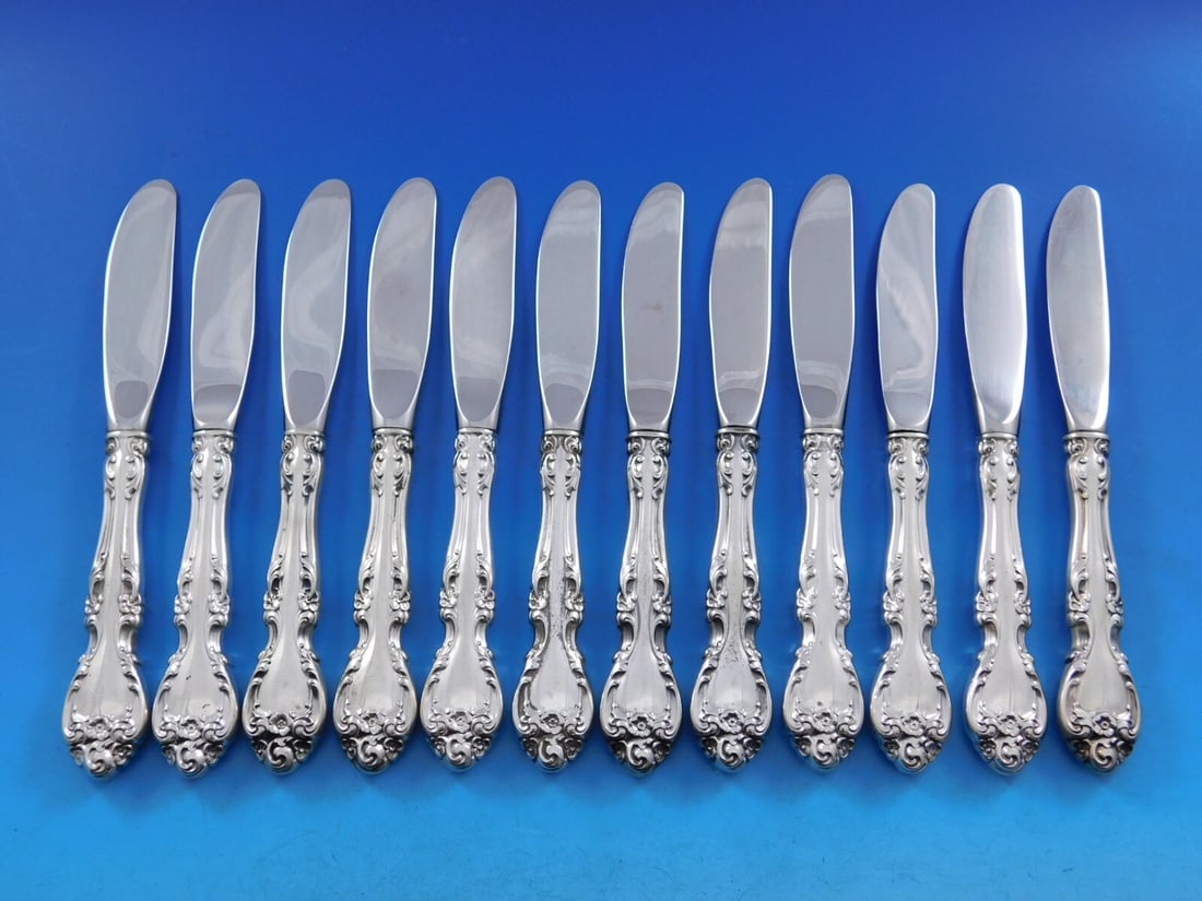 Gorham Melrose Sterling Silver Butter Spreader Set 12 pc 6 1/4 Baroque Rococo: Gorham Melrose Sterling Silver Butter Spreader Set 12 pc 6 1/4 Baroque Rococo Enhance your dining experience with this exquisite set of 12 butter spreaders from the Melrose pattern by Gorham. Crafted 