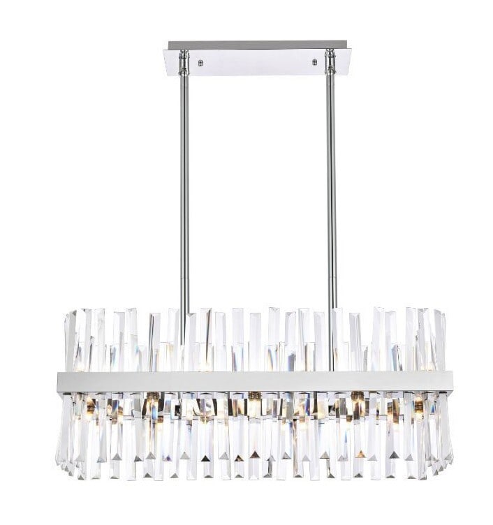 Serephina 16 Light Chrome Crystal Chandelier 32 Inch: Serephina 16 Light Chrome Crystal Chandelier 32 Inch This modern chandelier features 16 lights and a chrome-plated finish, designed with high-quality crystal and metal elements. The fixture is height-