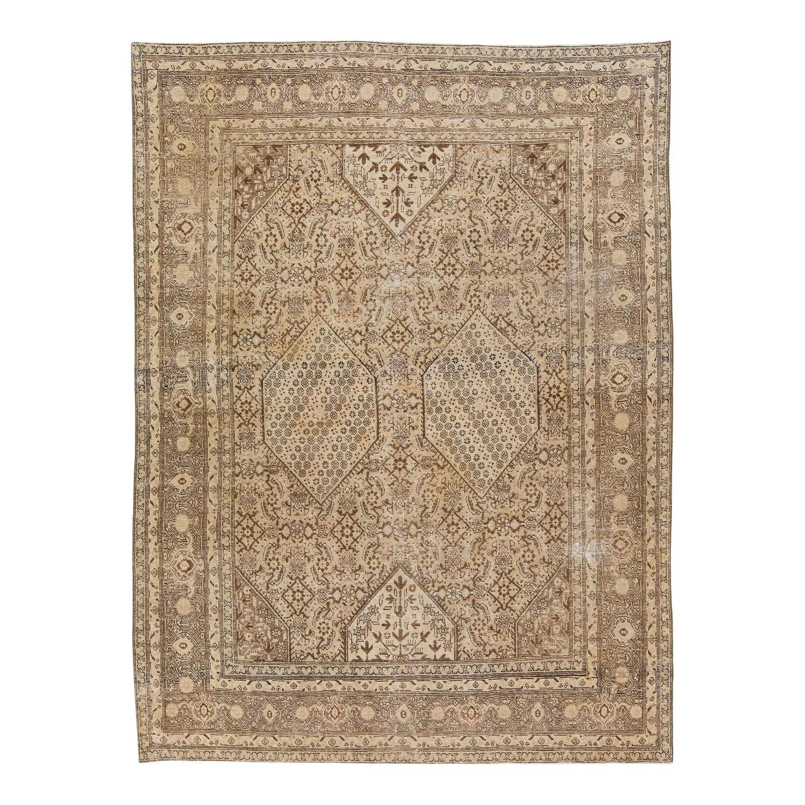 Antique Persian Tabriz Wool Rug 6'10 x 9'6 Allover Design: Antique Persian Tabriz Wool Rug 6'10 x 9'6 Allover Design This exquisite antique Persian Tabriz rug showcases a beautifully distressed hand-knotted wool design in a rich brown and beige color palette.
