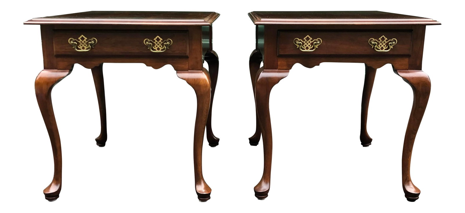 Pair of Knob Creek Solid Cherry Nightstands with Brass Hardware: Pair of Knob Creek Solid Cherry Nightstands with Brass Hardware This set of two Knob Creek nightstands is crafted from solid cherry wood, featuring dovetailed drawers that provide both durability and 