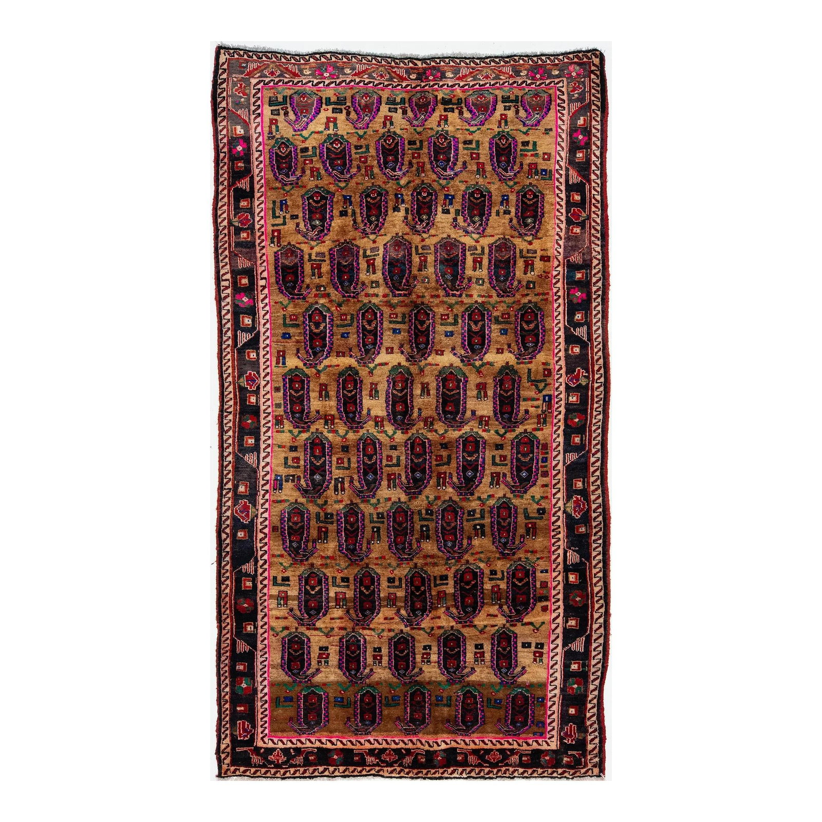 Vintage Bidjar Handmade Wool Rug with Multicolored Gul Design: Vintage Bidjar Handmade Wool Rug with Multicolored Gul Design Enhance your living space with this stunning vintage Bidjar hand-knotted wool rug. Featuring a rich golden-brown field, this exquisite pie