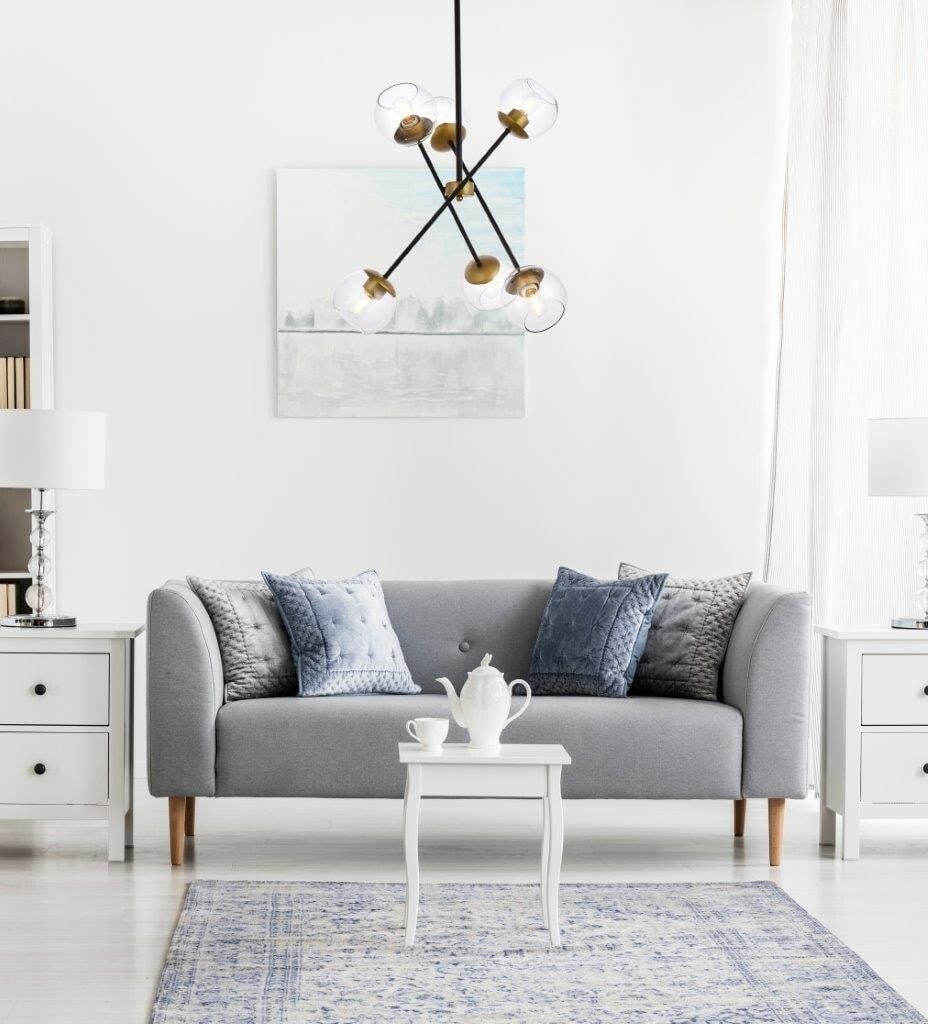Axl 6-Light Black Brass Sputnik Glass Chandelier: Axl 6-Light Black Brass Sputnik Glass Chandelier This modern Sputnik-style chandelier features a striking black and brass finish with six clear glass shades. Designed for versatile installation, its a