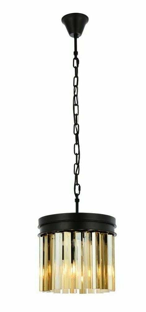 Sydney 12 in Crystal Pendant Matte Black Golden Teak 3 Light: Sydney 12 in Crystal Pendant Matte Black Golden Teak 3 Light Modern 3-light pendant chandelier with a matte black finish and golden teak royal cut crystals. The fixture is hardwired, indoor-rated, and