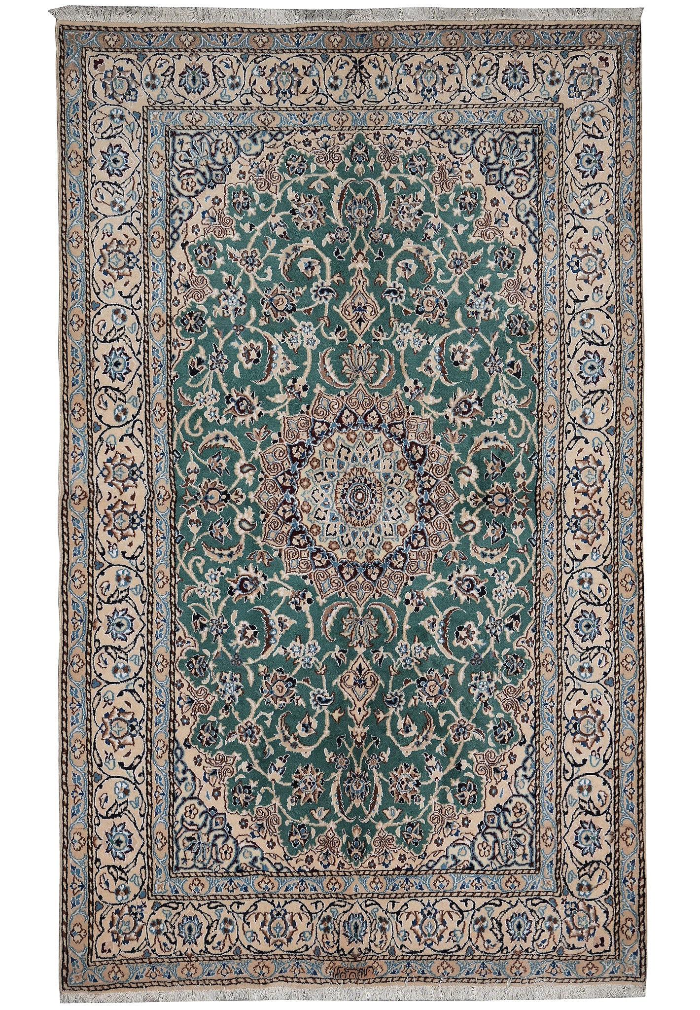 5 x 8 Authentic Persian Nain Rug Wool Silk Green: 5 x 8 Authentic Persian Nain Rug Wool Silk Green Free continental US Shipping This authentic Persian Nain rug is hand-knotted in Iran and features a 5 x 8 size with a serene green colorway. It is made