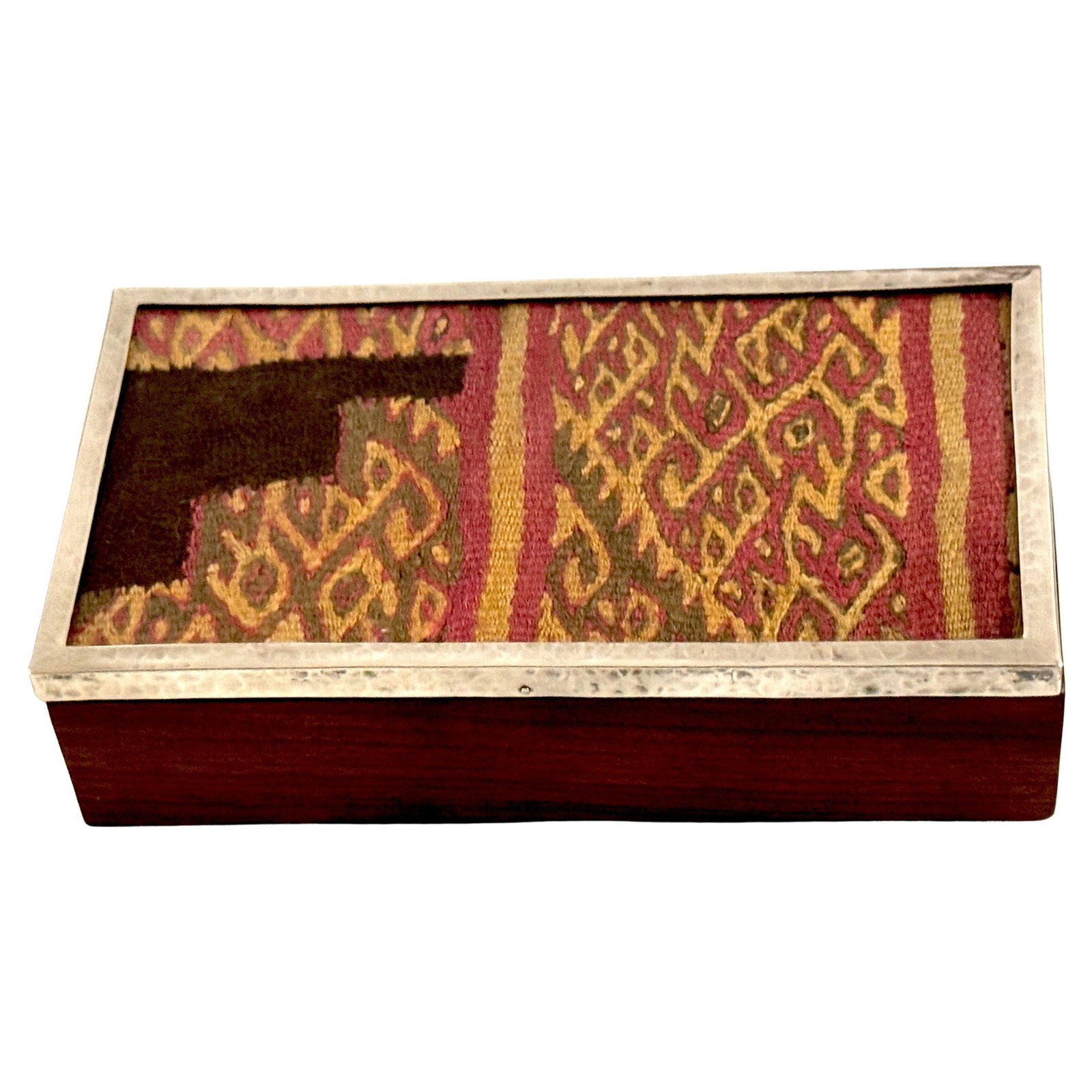 Pre Columbian Andean Textile Fragment in Sterling Silver Hardwood Box: Pre Columbian Andean Textile Fragment in Sterling Silver Hardwood Box This presentation box features an antique textile fragment from Peru, dating between 600 and 1400 CE, displayed beneath glass and 