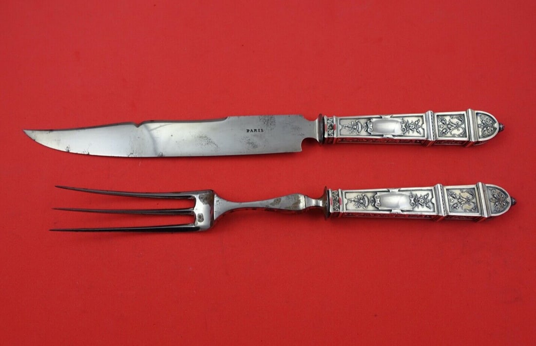 Elegant French Sterling Silver 2-Pc Steak Carving Set Knife 11 1/4": Elegant French Sterling Silver 2-Pc Steak Carving Set Knife 11 1/4" Discover this elegant French Sterling silver steak carving set, featuring a 2-piece design that includes an 11 1/4" knife and a 10" 