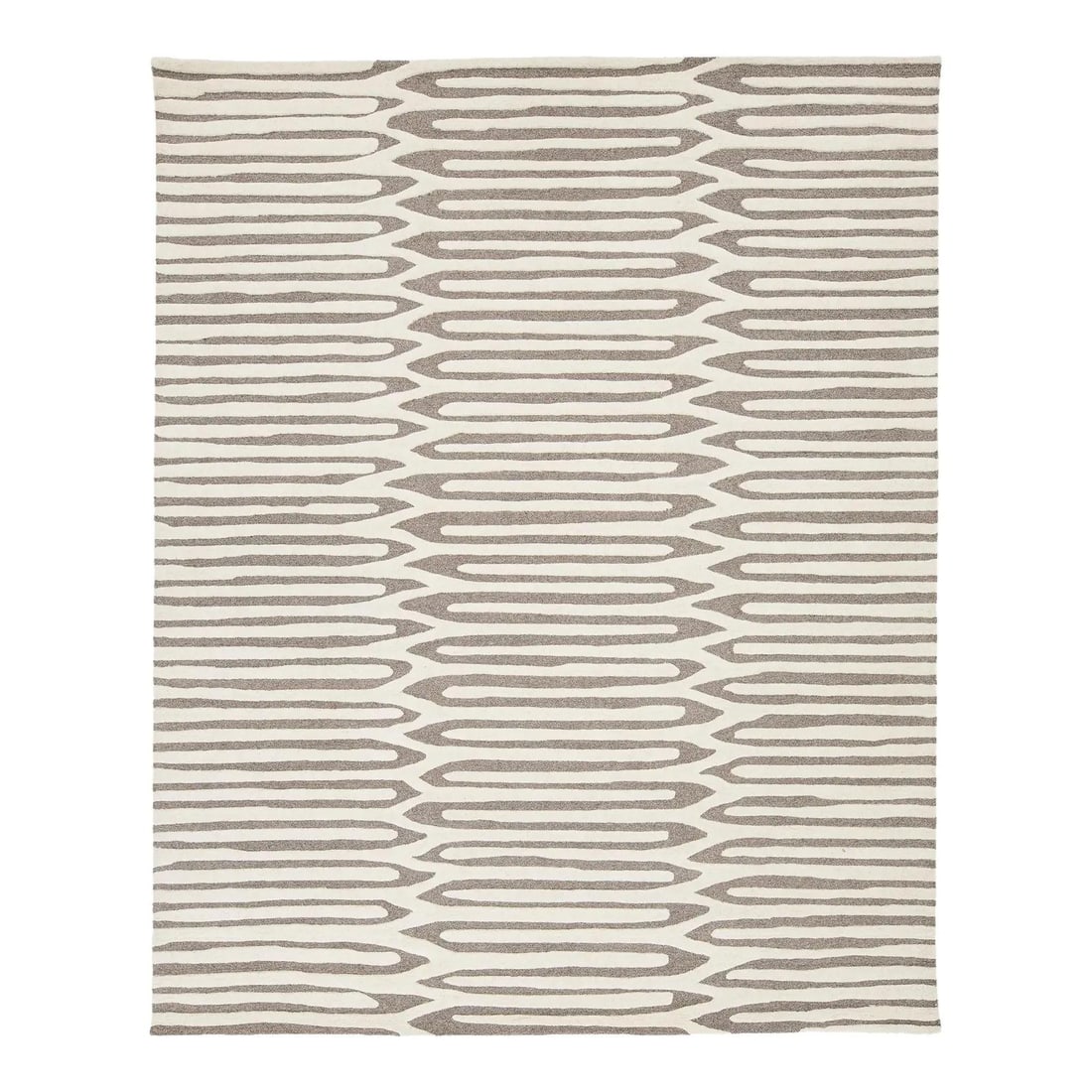 8x10 Hand-Tufted Wool Rug with Taupe Geometric Pattern: 8x10 Hand-Tufted Wool Rug with Taupe Geometric Pattern Hand-tufted wool area rug with a modern geometric organic pattern and a repeating pulse or elongated link motif. It features a taupe/mushroom gre