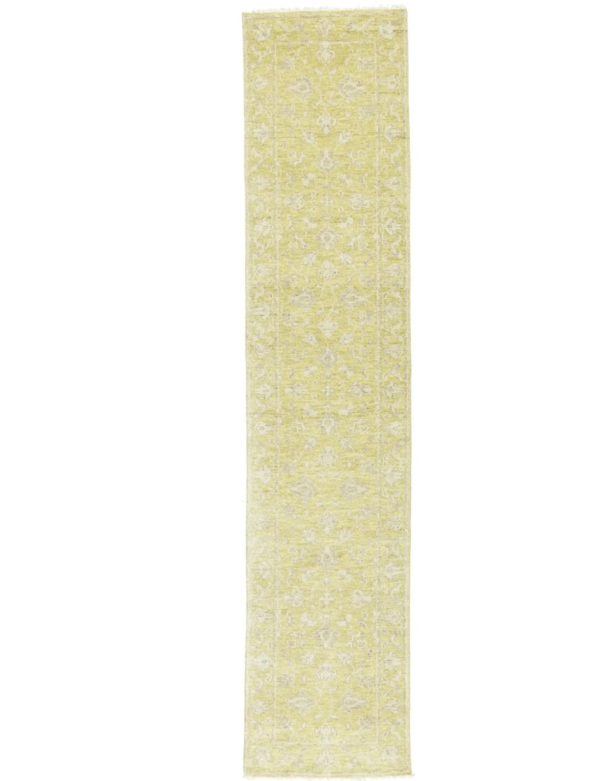 Hand Knotted Wool Floral Runner Rug 2'7 x 12'1 Transitional Modern: Hand Knotted Wool Floral Runner Rug 2'7 x 12'1 Transitional Modern This is a hand-knotted wool runner rug featuring a muted floral pattern in tones of golden yellow, cream, and brown. Designed in a tr
