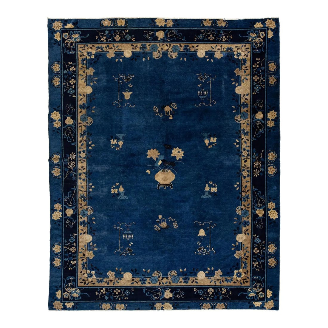 Antique Chinese Art Deco Wool Rug 9'1 x 11'8 Navy Blue Floral: Antique Chinese Art Deco Wool Rug 9'1 x 11'8 Navy Blue Floral Enhance your space with this stunning antique Chinese Art Deco rug, hand-knotted from premium wool. The rug showcases a rich navy blue bac