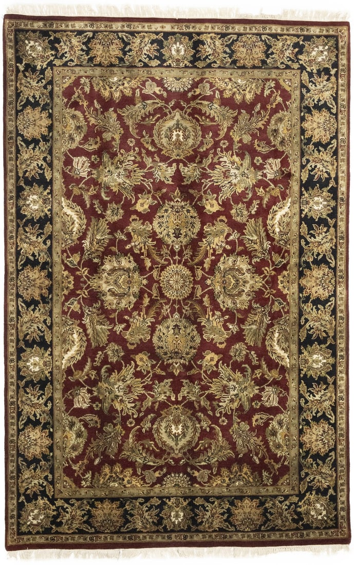 Wool Floral Agra Jaipur Area Rug Hand-Knotted 6'1 x 9'4 India: Wool Floral Agra Jaipur Area Rug Hand-Knotted 6'1 x 9'4 India This handmade Agra Jaipur area rug features a floral Oriental pattern with a rich color palette including red, black, beige, cream, gold, 
