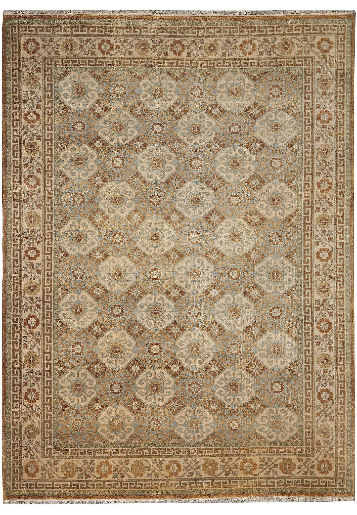 8.6 x 11.7 Hand-Knotted Wool Transitional Area Rug: 8.6 x 11.7 Hand-Knotted Wool Transitional Area Rug Free continental US Shipping This hand-knotted wool carpet in a transitional design measures 8.6 x 11.7 feet. Crafted by skilled artisans, it feature