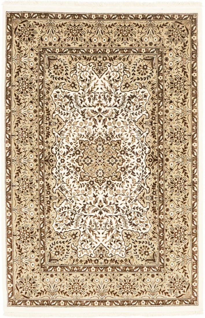 Hand-Knotted Wool Kirman Floral Area Rug Cream and Brown 4x6 Feet: Hand-Knotted Wool Kirman Floral Area Rug Cream and Brown 4x6 Feet This vintage-style Kirman Oriental rug features a cream, brown, and khaki floral design. Handmade in India using a hand-knotted techni