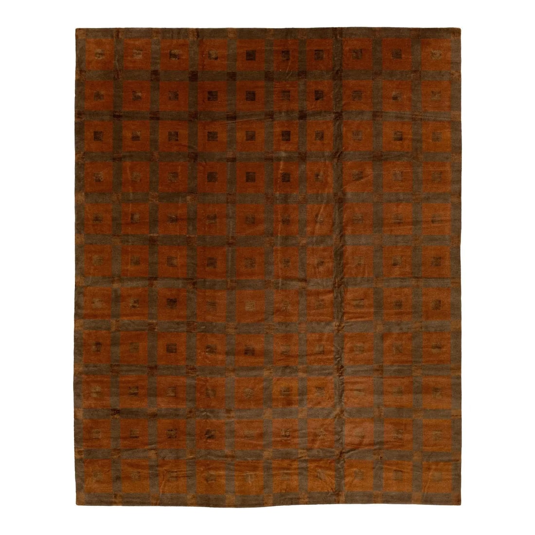 13'3" x 16'4" Burnt Orange Wool Silk Tibetan Rug with Geometric Grid Design: 13'3" x 16'4" Burnt Orange Wool Silk Tibetan Rug with Geometric Grid Design This modern Tibetan rug showcases a refined geometric grid pattern in rich burnt orange and terracotta tones, accented with 