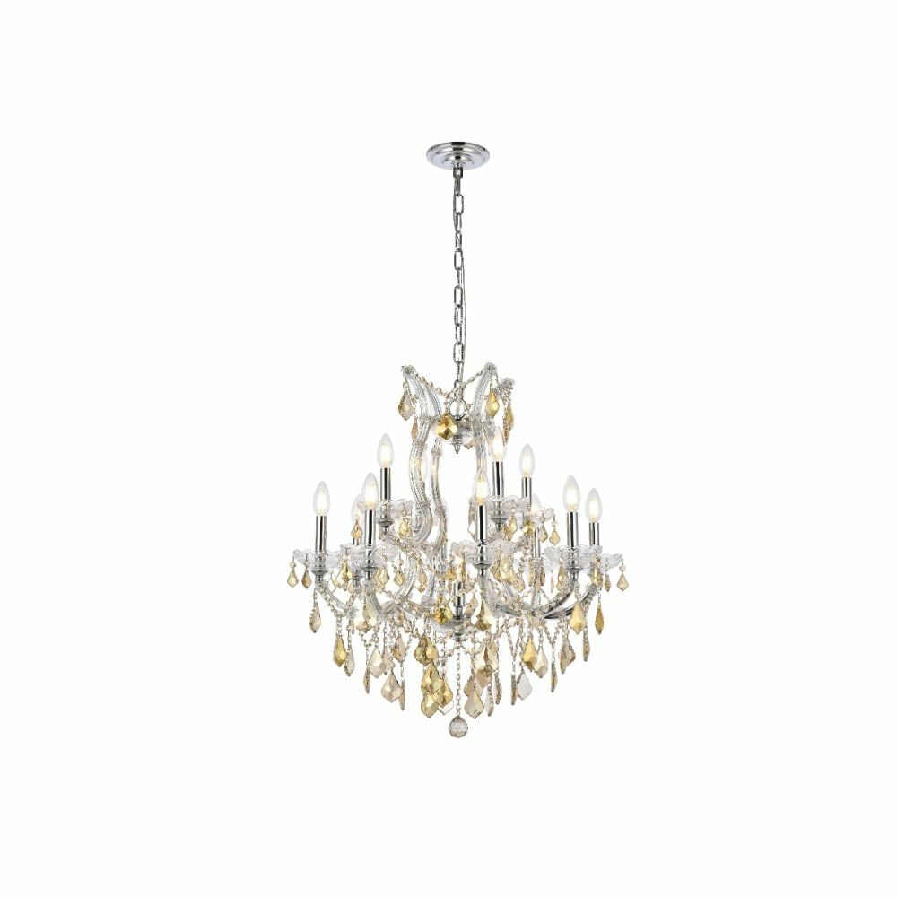 Maria Theresa 13 Light Chrome Crystal Chandelier 27 in: Maria Theresa 13 Light Chrome Crystal Chandelier 27 in Modern Maria Theresa style chandelier light fixture with a chrome frame and golden teak royal cut crystal glass. It features 13 lights, a height-