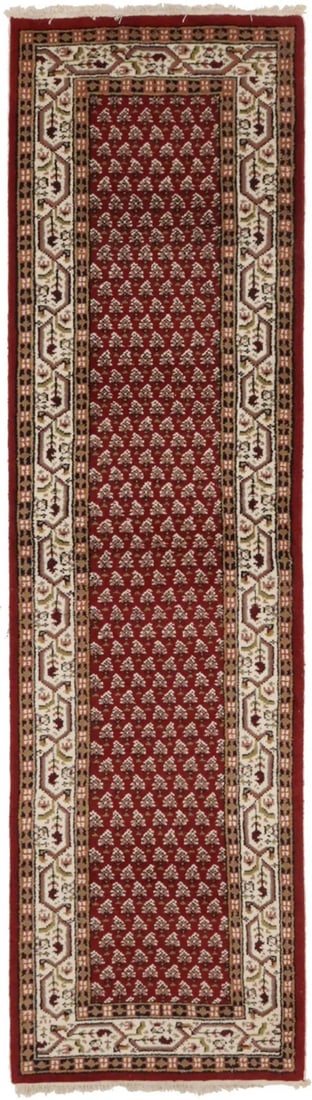 Hand-knotted Wool Floral Runner Rug 2'5 x 8'10 Tribal Modern: Hand-knotted Wool Floral Runner Rug 2'5 x 8'10 Tribal Modern This handmade Indo-Botemir runner rug features a floral pattern in a variety of colors including red, cream, black, beige, olive green, gra