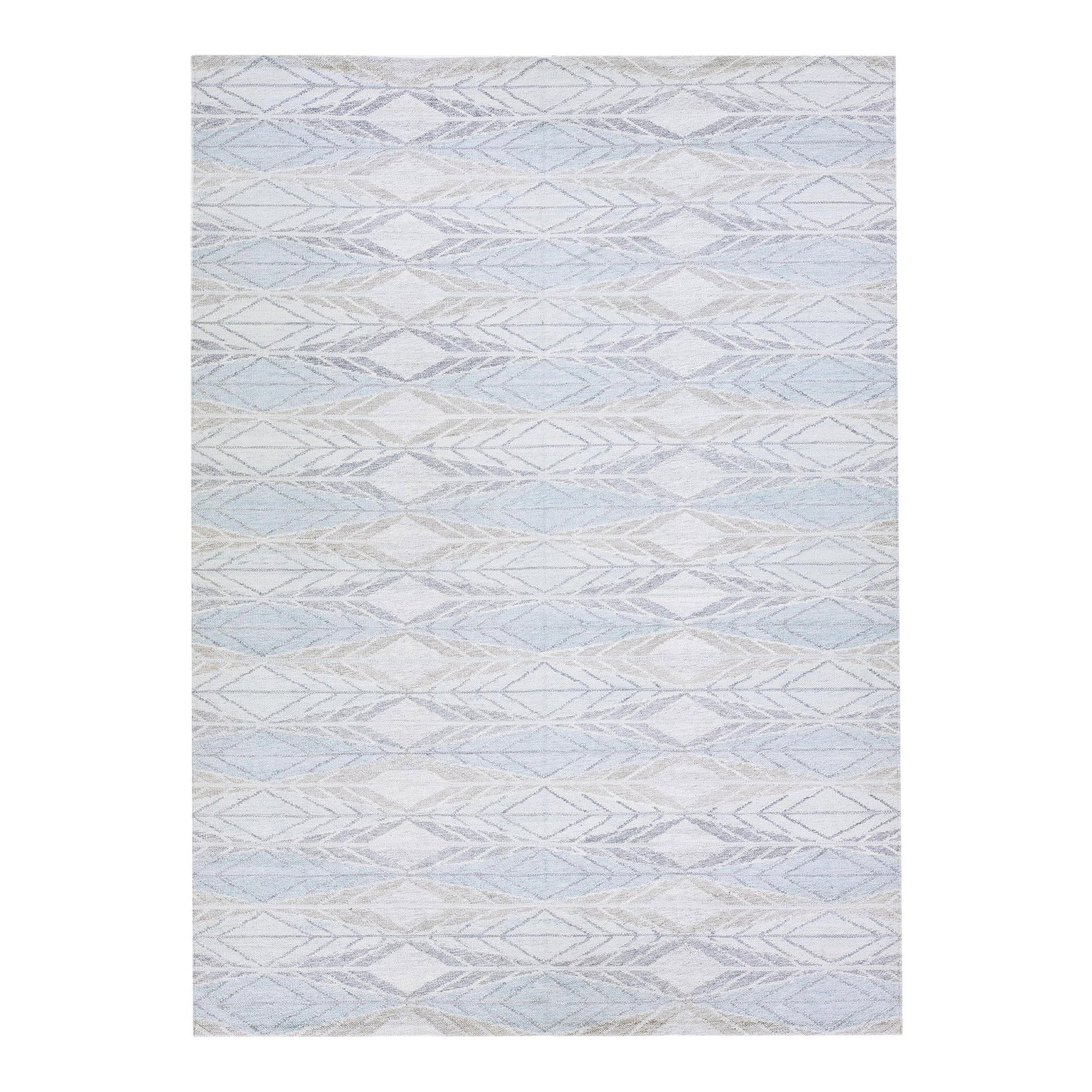 Swedish Handmade Blue Wool Rug 10' x 13'9'' Geometric Design: Swedish Handmade Blue Wool Rug 10' x 13'9'' Geometric Design This stunning modern Swedish-style wool rug features an elegant ivory and blue field adorned with intricate gray accents and a striking all