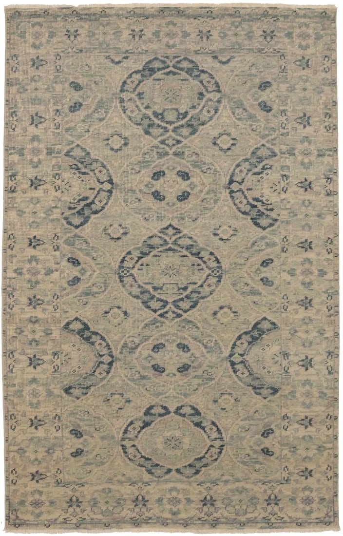 Hand-Knotted Wool Transitional Floral Area Rug 5'1 x 7'11 India: Hand-Knotted Wool Transitional Floral Area Rug 5'1 x 7'11 India This is a rare handmade transitional area rug featuring a muted floral pattern with distressed detailing. Crafted in India, the rug is h