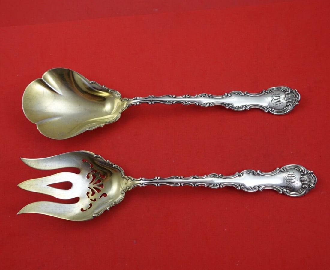 Gorham Strasbourg Sterling Silver Salad Serving Set 2pc Gold Wash 10 3/8": Gorham Strasbourg Sterling Silver Salad Serving Set 2pc Gold Wash 10 3/8" Enhance your dining experience with this exquisite 2-piece salad serving set from Gorham's Strasbourg pattern. Crafted from st