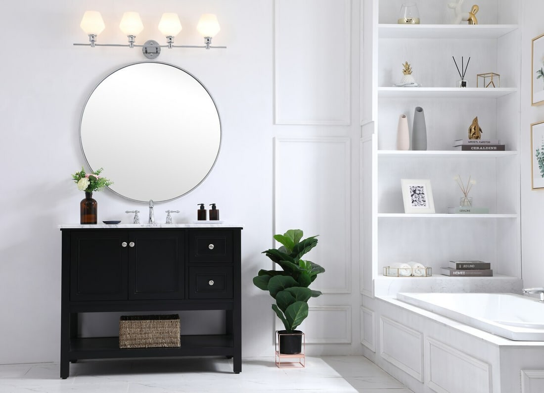 Gene 4-Light Chrome Wall Sconce with Frosted Glass Shades: Gene 4-Light Chrome Wall Sconce with Frosted Glass Shades This modern wall sconce features a polished chrome finish with four downward-facing lights, each complemented by a frosted white glass shade. 