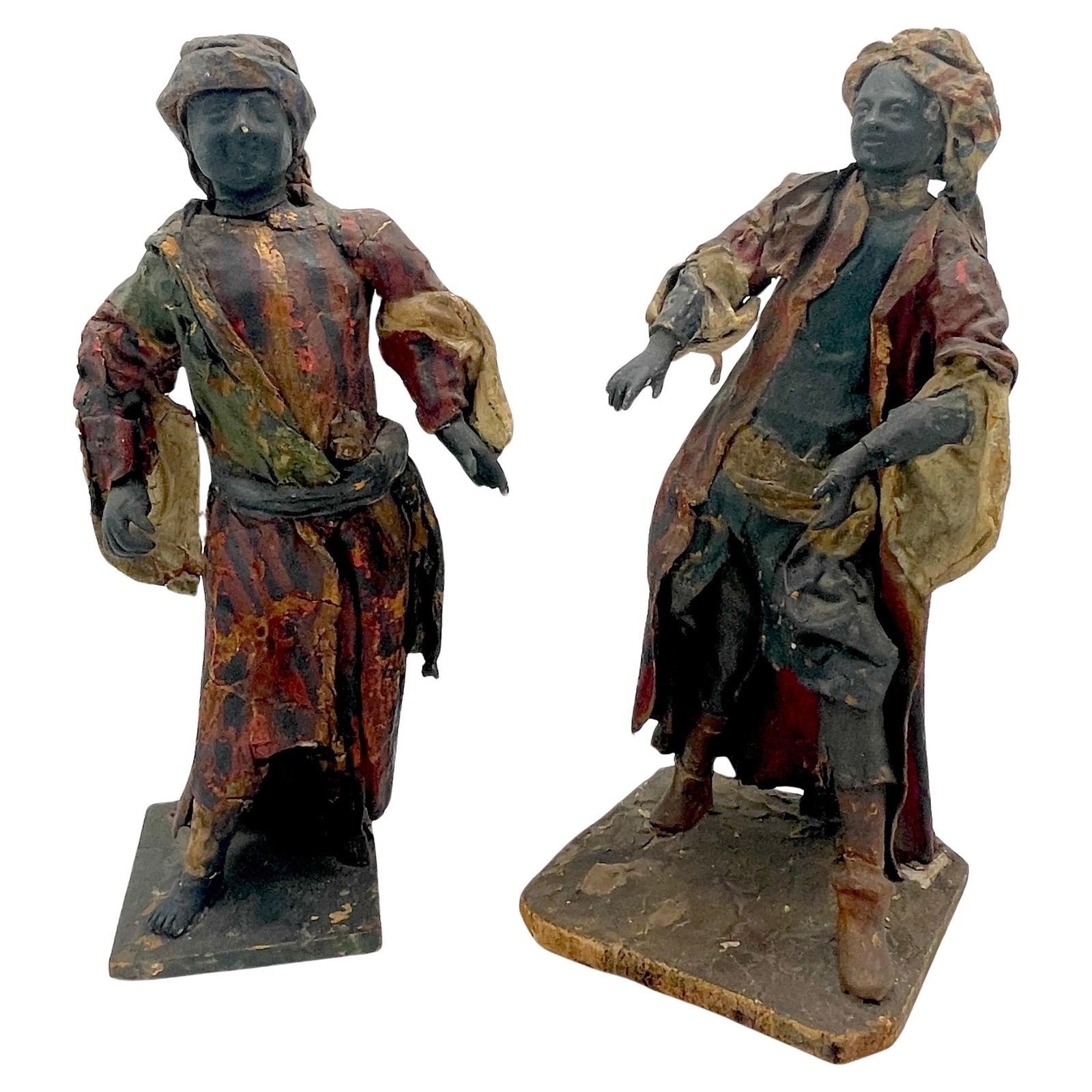 Set of 2 18th Century Italian Baroque Leather Merchant Figures: Set of 2 18th Century Italian Baroque Leather Merchant Figures This exquisite pair of 18th-century Italian Baroque Neapolitan creche figures represents merchant men crafted from leather. Standing at a