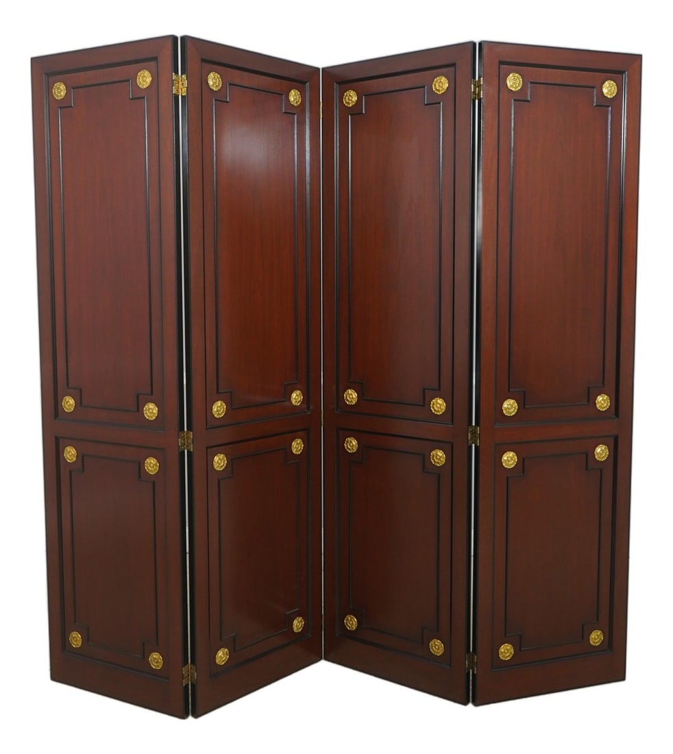 Mahogany Room Divider With Four Regency Style Folding Panels Brass Trim: Mahogany Room Divider With Four Regency Style Folding Panels Brass Trim This Regency style four-panel folding screen features high-quality construction with ebonized highlights and solid brass hardwar